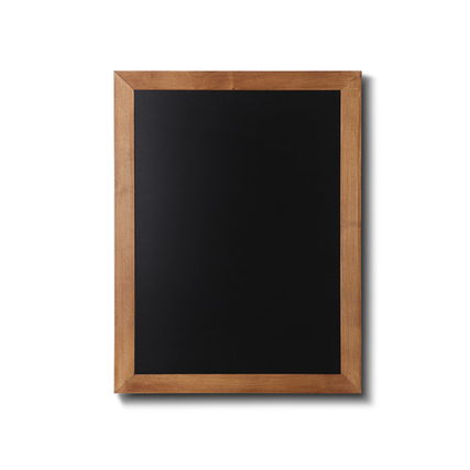 Kreidetafel aus Hartholz mit hellbraunem Rahmen, senkrechte Ansicht, schwarzes Schreibfeld.