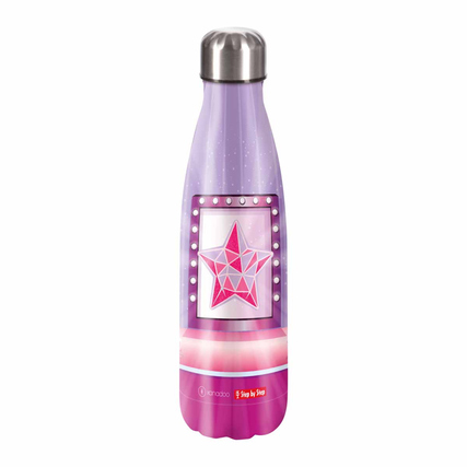 Lila Trinkflasche aus Edelstahl mit einem bunten Sternenmotiv und Schraubverschluss.