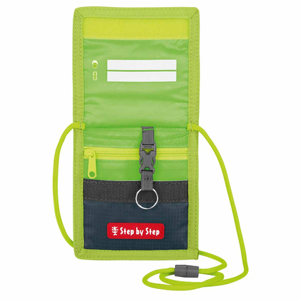 Brustbeutel in grün und schwarz mit Klarsichtfach, Reißverschluss und Schlüsselring.