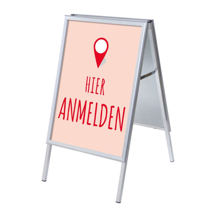 Kundenstopper mit rotem Schriftzug "HIER ANMELDEN" und Standortmarkierung auf beigem Hintergrund.