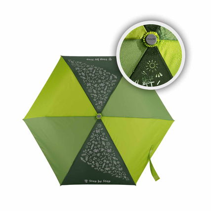 Grüner Regenschirm mit grafischem Design und Farbwechsel-Effekt bei Nässe.
