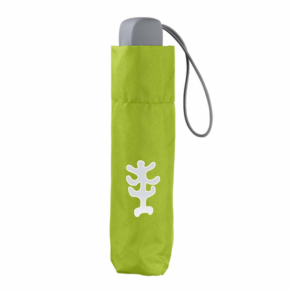 Grüner Regenschirm mit Farbwechsel-Effekt in kompakter Tasche und weißem Motiv.