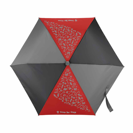 Rot-grauer Regenschirm mit weißen Motiven, die bei Regen ihre Farbe ändern.