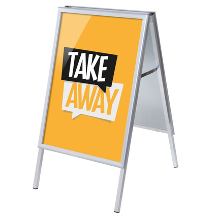 Gelber Kundenstopper mit der Aufschrift "TAKE AWAY" in schwarz-weißer Schrift.