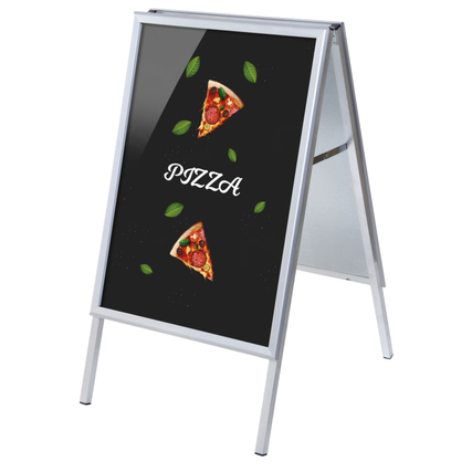 Aufklappbarer Kundenstopper mit Pizza-Design auf schwarzem Hintergrund.