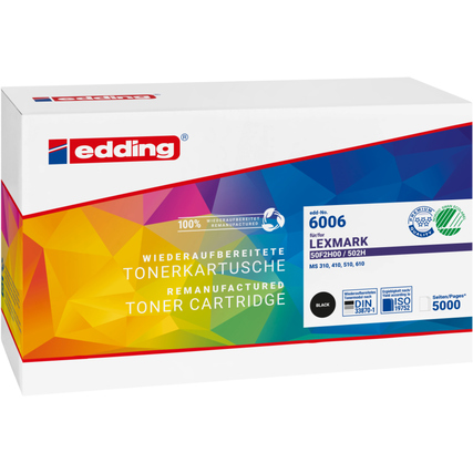 Toner Kartusche für Lexmark, schwarz, in bunter Verpackung mit Produktinformationen.