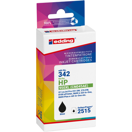 Schwarze Tintenpatrone in einer Verpackung mit Informationen zur Kompatibilität mit HP-Druckern.
