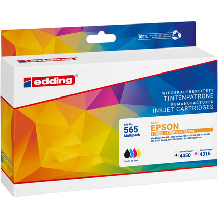 Tintenpatronen in einer Verpackung für Epson-Drucker in den Farben schwarz, cyan, magenta und gelb.