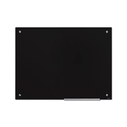 Schwarzes Glasboard mit Metallabdeckungen und versteckten Schrauben, rechteckig montierbar.