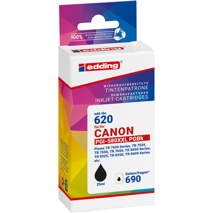 Schwarze Tintenpatrone in Verpackung, kompatibel mit Canon Druckern.