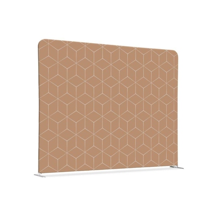 Beige Trennwand mit hexagonalem Muster, aufgestellt und ohne Personen im Hintergrund.