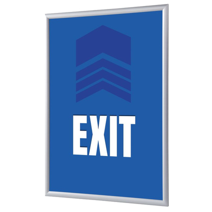Bilderwechselrahmen DIN A4 in Blau mit "EXIT"-Schriftzug und geometrischem Symbol.