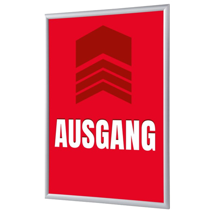 Roter Bilderwechselrahmen DIN A4 mit der Aufschrift "AUSGANG" und einem ikonischen Symbol.