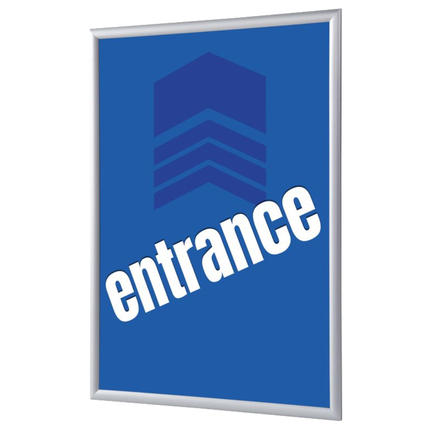 Bilderwechselrahmen DIN A1 in blau mit dem Wort 'entrance' und geometrischem Symbol im Hintergrund.