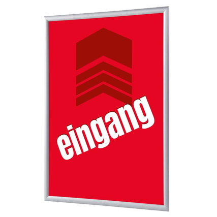 Roter Bilderwechselrahmen DIN A1 mit der Aufschrift "eingang" in weißer Schrift.