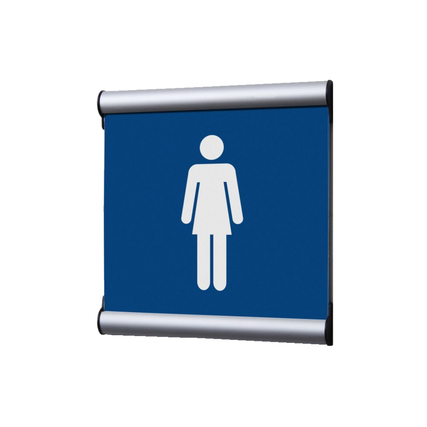 Türschild mit Piktogramm einer Frau auf blauem Hintergrund, geeignet für öffentliche Räume.