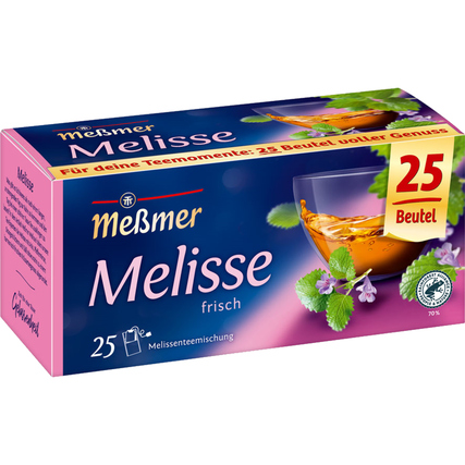 Packung mit 25 Beuteln Meßmer Melisse Tee, abgebildet mit Teeglas und Kräutern im Hintergrund.