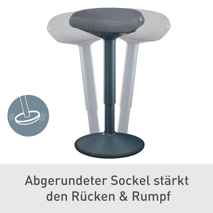 Dunkelgrauer Sitz-Steh-Hocker mit abgerundetem Sockel steht neben einem hellgrauen Modell.