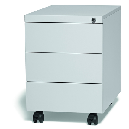Lichtgrauer Rollcontainer mit drei Schubladen und seitlichen Griffen auf Rollen.