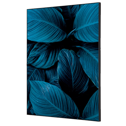 Dekobild mit blauem Blattdesign im Spannstoff-Rahmen, Vorderansicht.