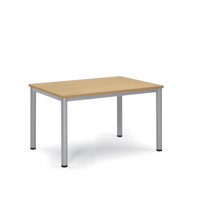 Konferenztisch mit Bucheplatte und silberfarbenem Gestell, rechte Seitenansicht.
