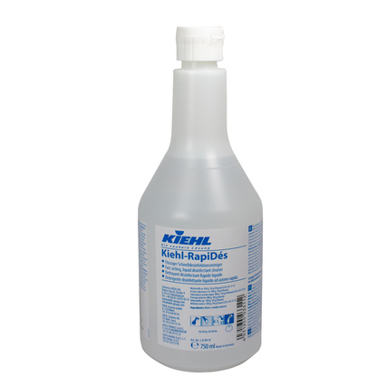 Transparente Flasche mit Desinfektionsreiniger und blau-weißem Etikett.