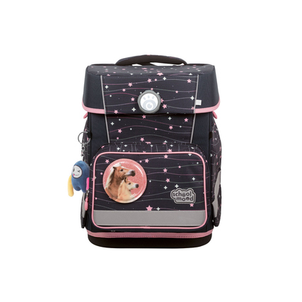 Schulranzen mit Ponymotiv, Tragegriff und mehreren Fächern in Schwarz und Rosa.
