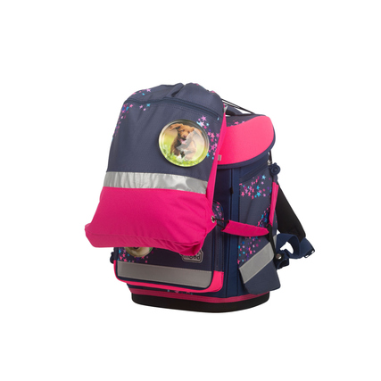 Schulranzen mit Hundedesign, rosa und blau, seitliche Sichtansicht, für Kinder.