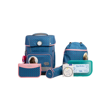 Blaues Schulranzen-Set mit Pferdmotiv, inklusive Ranzen, sportlicher Tasche und Zubehör.