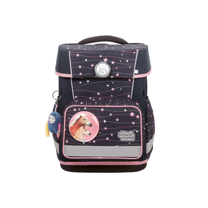 Schulranzen mit Pony-Motiv, praktischen Fächern und ergonomischem Design in Dunkelblau und Rosa.