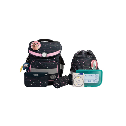 Schulranzen mit Accessoires in schwarz-pinker Farbgebung und Pony-Motiv.