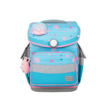Blauer Schulranzen mit Meerjungfrauenmotiv, pinken Akzenten und mehreren Taschen.