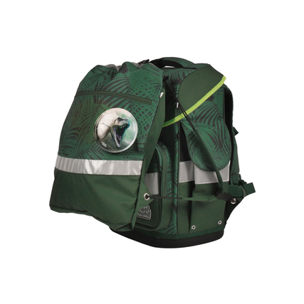 Schulranzen in Dinosaurier-Design mit großen Seitentaschen und reflektierenden Elementen.