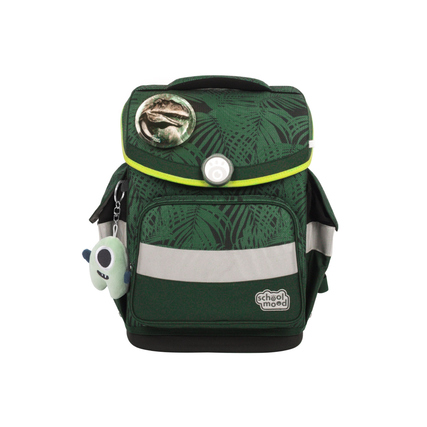 Schulranzen in klassischer Form mit Dinosaurier-Motiv und reflektierenden Elementen.