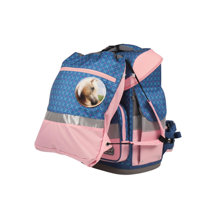 Schulranzen in rosa-blau mit Pferdemotiv und seitlichen Außentaschen, im Anwendungsbeispiel.