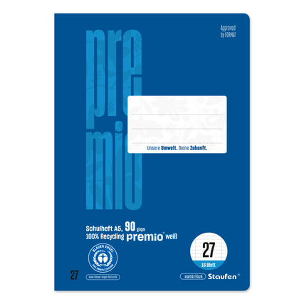 Blaues A5 Schulheft mit 90g Papier, 100% Recycling, 16 Blatt, Lineatur 27.