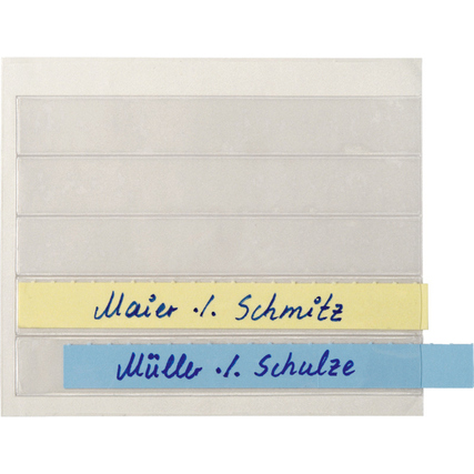 Vollsichtreiter mit handschriftlichen Labels in verschiedenen Farben für die Beschriftung.