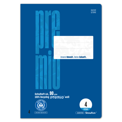 Blaues Schulheft Premio mit einer weißen Beschriftungsfläche und Lineatur 4, 16 Blatt.