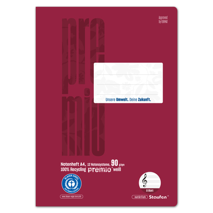 Rotbraunes Notenheft im A4-Format mit 12 Notensystemen und 90 g/m² Recyclingpapier.