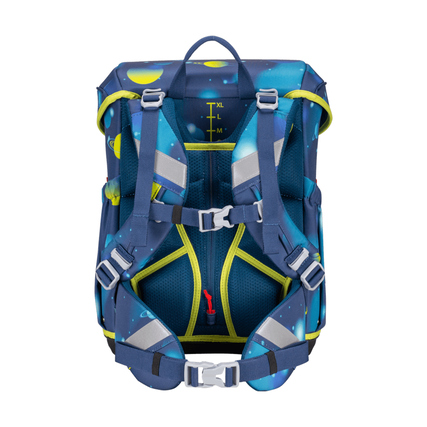 Rückansicht eines blauen Schulranzens mit LED-Planeten-Muster und verstellbaren Tragegurten.