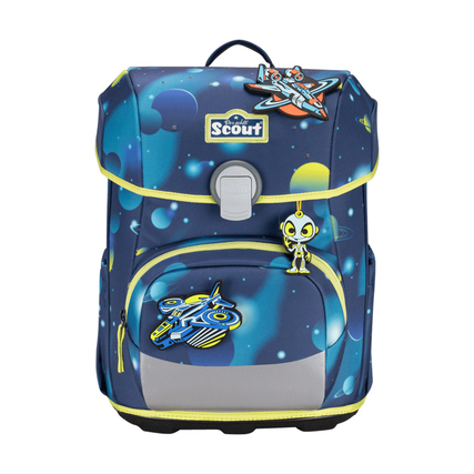 Schulranzen mit Weltraummotiv und LED-Lichtern in blau und gelb.