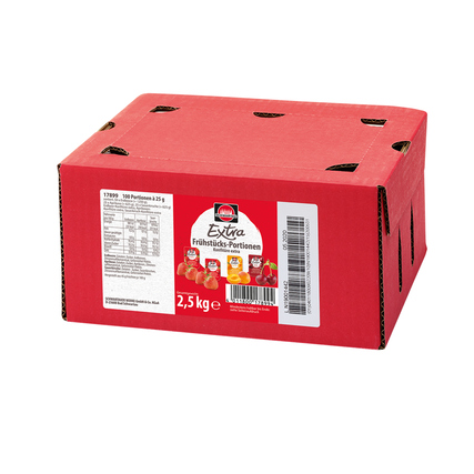 Rote Kartonverpackung mit Portionsschalen für Marmelade und Nährwertangaben auf der Seite.