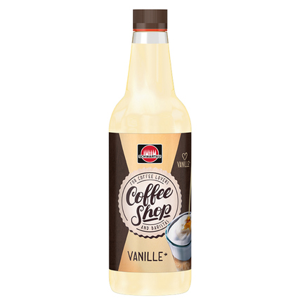 Flasche mit Sirup für Kaffee, Geschmacksrichtung Vanille, etikettiert mit "Coffee Shop".