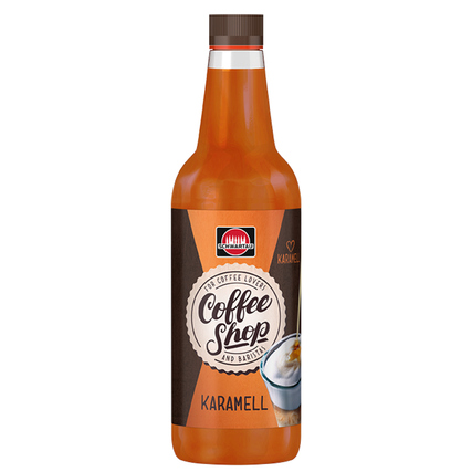Kaffeesirup in brauner Flasche mit Etikett "Coffee Shop Karamell".