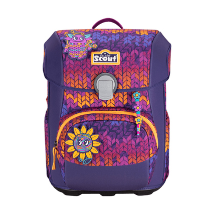 Lila Schulranzen mit floralem Design und Reflektoren, Fronttasche und seitlichen Fächern.