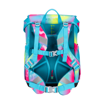 Schulranzen in buntem Design mit verstellbaren Gurten und retroreflektierenden Elementen.