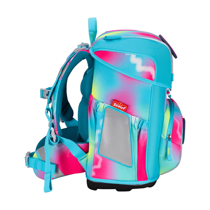 Schulranzen in buntem, abstrahierenden Design mit seitlichen Taschen und ergonomischer Form.