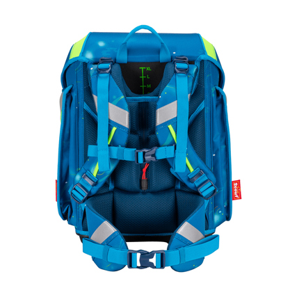 Rückansicht eines blauen Schulranzens mit verstellbaren Tragegurten und reflektierenden Flächen.