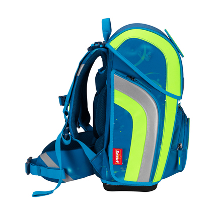 Seitenansicht des SCOUT Schulranzen Genius in blau mit reflektierenden Flächen und Tragegurten.
