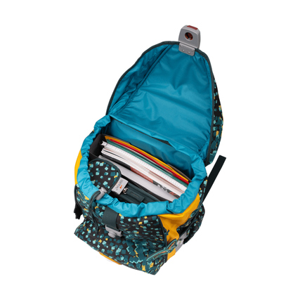 Offene Ansicht des DERDIEDAS Schulranzen ErgoFlex Dino Time mit gefülltem Inhalt.